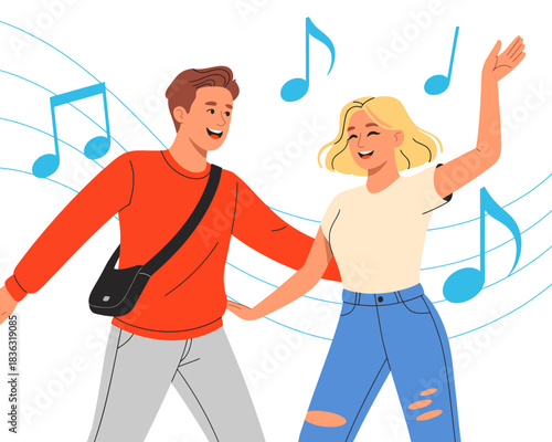 A vibrant young couple dances joyfully together against a musical backdrop, capturing the essence of happiness, connection, and carefree moments in life.