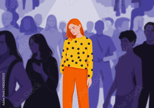 A young woman stands out in a polka dot outfit amidst a crowd, representing individuality and self-expression in contemporary fashion and urban environments.