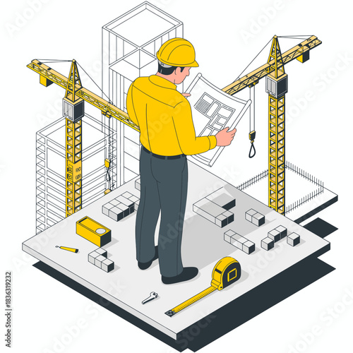 An illustrated construction worker examining blueprints at a construction site, showcasing the diligence and creativity involved in building and planning new structures.
