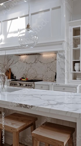Modern kitchen interior design with marble and wooden accents
