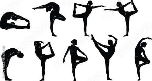 Yoga dance silhouettes, flexibility pose, balance gesture, graceful movement, physical fitness, expressive posture, body control, standing stretch, dynamic figu