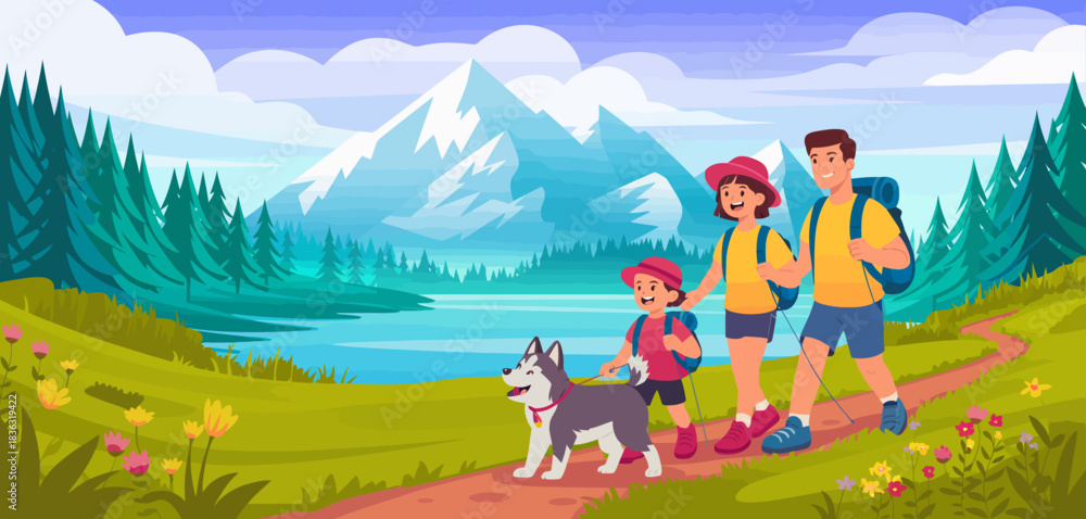 Fototapeta premium A joyful family hiking with their dog on a picturesque trail in the mountains, surrounded by nature’s beauty, reflecting adventure and togetherness amid the landscape.