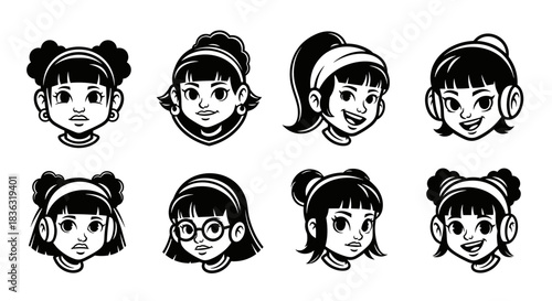 Collection of Diverse Cartoon Girl Faces with Different Hairstyles and Accessories.