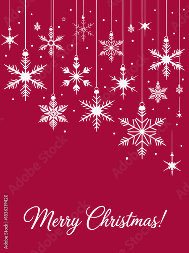 Elegant white snowflakes dangle against a vibrant red backdrop, conveying a festive Christmas atmosphere filled with joy, celebration, and holiday spirit.
