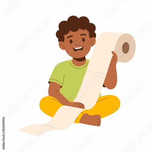 A cheerful child sits holding a long paper roll, embodying innocence and playfulness, evoking laughter and creativity in a delightful, simplified cartoon style.