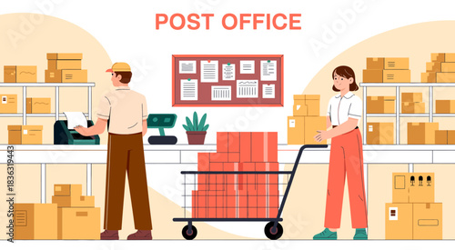 A vibrant post office scene showcasing staff working at counters, sorting packages, emphasizing the importance of postal services in daily life for communication and delivery.