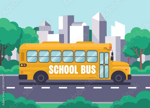 A vibrant yellow school bus driving along a city road, reflecting the essence of education and childhood life, surrounded by a lively urban environment.