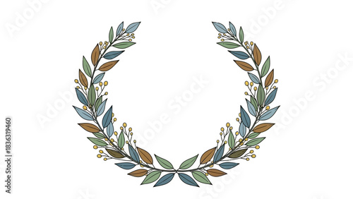 A beautifully illustrated laurel wreath with green and brown leaves and small golden berries, symbolizing victory and honor.