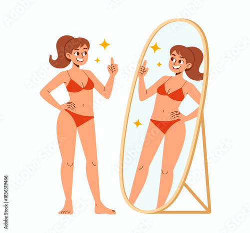 A cheerful woman in an orange bikini admiring herself in a mirror, conveying confidence, self-love, and body positivity, important themes in today's society of self-acceptance.