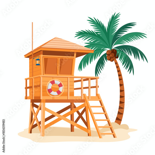 An iconic lifeguard station set against a palm tree, representing beach safety and summer fun, perfect for projects focused on beach culture and outdoor adventures.