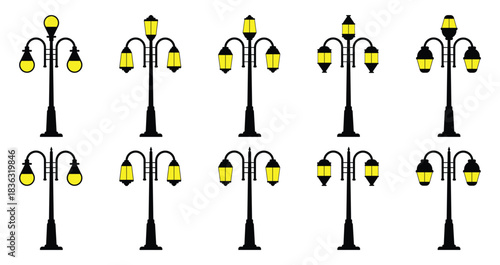 Vector of street lamp icon - street light posts set, sidewalk lantern icon illustration