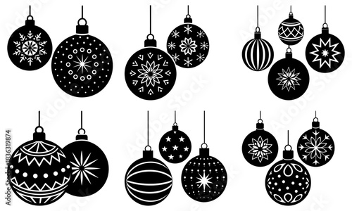 Collection of christmas ornaments hanging with unique designs and decorative patterns in black and white style