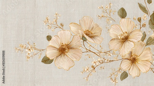 A beige and brown floral pattern on a beige background with beige flowers and leaves