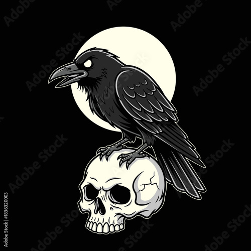 A black raven perched on a human skull under a full moon.