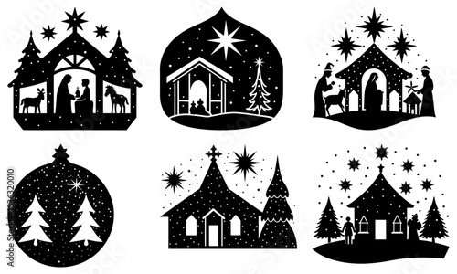 Silhouetted christmas scenes featuring nativity, church, and winter landscapes in a festive ornament style