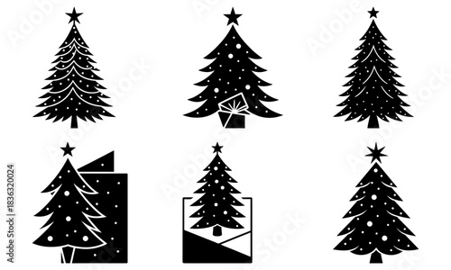 Collection of six stylized christmas trees with star toppers in black and white vector illustration art