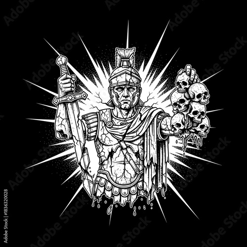 Roman Soldier Holding Sword and Skulls Illustration.