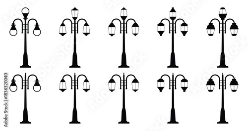Vector of street lamp icon - street light posts set, sidewalk lantern icon illustration