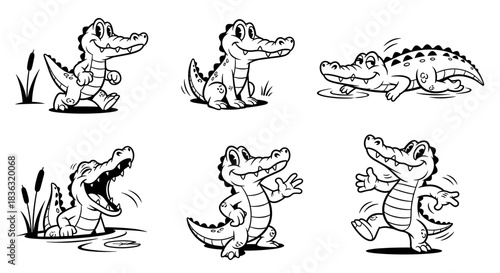 Set of Six Adorable Cartoon Alligators in Various Poses.