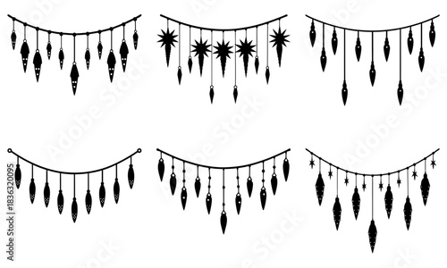 Collection of six decorative hanging garlands with stars and teardrop ornaments in black silhouette style