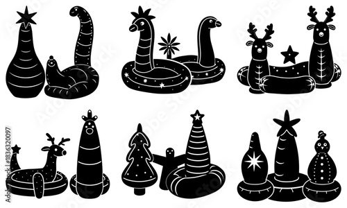 Illustration of inflatable christmas decorations including trees and animal shapes in black and white