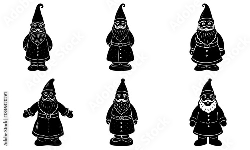 Illustration of six black and white gnomes with pointed hats and long beards in varying poses and outfits
