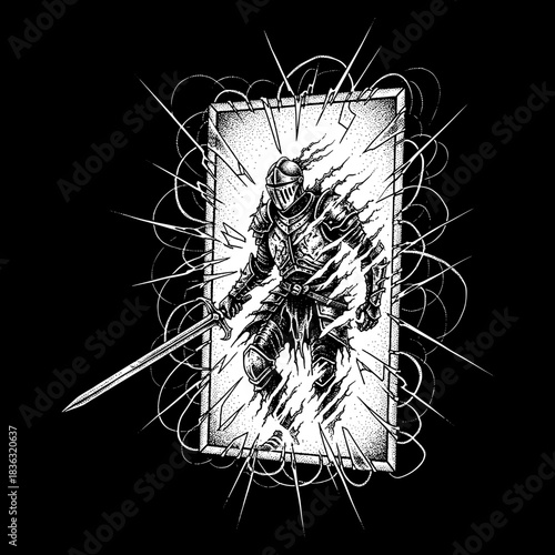 Knight in Shining Armor with Sword Emerging from Shattered Mirror.