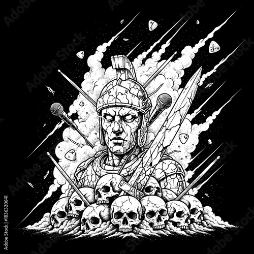 Roman Soldier Surrounded by Skulls and Falling Debris.