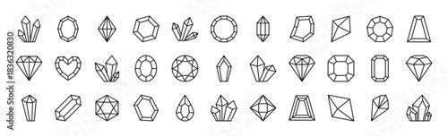Diamond & crystal black big line icon set. Jewel sign. Brilliant symbol. Precious stone, gemstone. Editable stroke. Vector illustration. Isolated on a white background. Different shapes. Flat design.