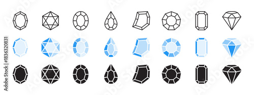 Diamond & crystal blue, black big icon set. Jewel sign. Brilliant symbol. Precious stone, gemstone. Editable stroke. Vector illustration. Isolated on a white background. Different shapes. Flat design.