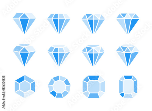 Diamond & crystal blue icon set. Jewel sign. Brilliant symbol. Precious stone, gemstone concept. Editable stroke. Vector illustration. Isolated on a white background. Different shapes. Flat design.