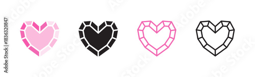 Heart-shape pink and black diamond & crystal icon set. Jewel sign. Brilliant symbol. Precious stone, gemstone. Editable stroke. Vector illustration. Isolated on a white background. Flat design.