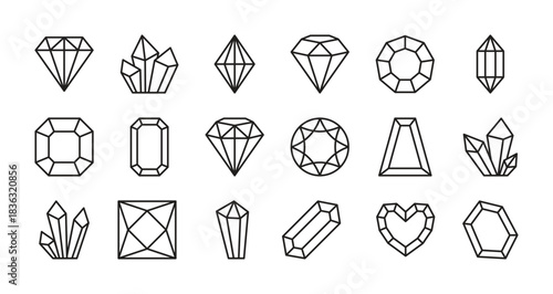 Diamond & crystal black icon set. Jewel sign. Brilliant symbol. Precious stone, gemstone concept. Editable stroke. Vector illustration. Isolated on a white background. Different shapes. Flat design.
