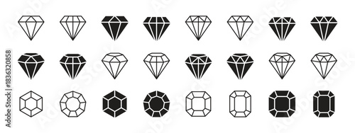 Diamond & crystal black icon set. Jewel sign. Brilliant symbol. Precious stone, gemstone concept. Editable stroke. Vector illustration. Isolated on a white background. Different shapes. Flat design.