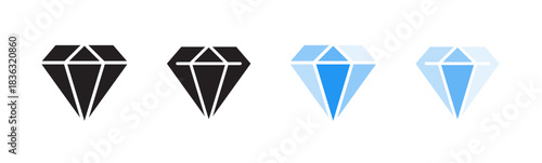 Diamond & crystal blue, black icon set. Jewel sign. Brilliant symbol. Precious stone, gemstone. Editable stroke. Vector illustration. Isolated on a white background. Different shapes. Flat design.