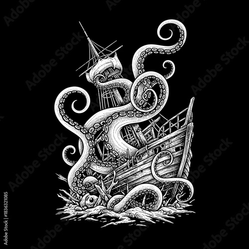 Giant Kraken Attacks and Sinks a Wooden Sailing Ship.
