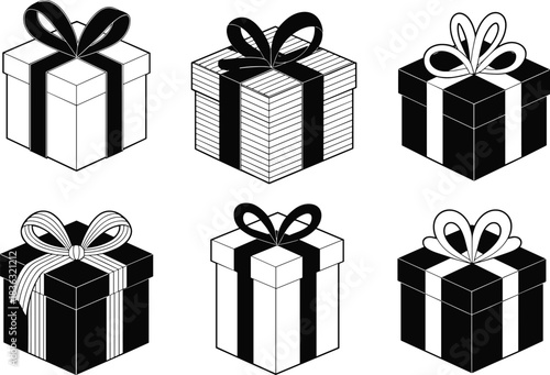 Set of decorative gift box illustrations with ribbon bows, holiday present icons in monochrome styles, perfect for celebrations, festive designs, and packaging themes