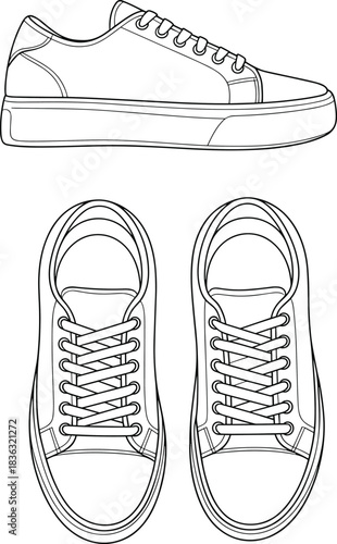Line art illustration of casual sneakers showing side and top views, featuring modern shoe design, laces, fashion footwear details, and minimalist outlines