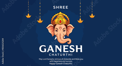 Shree Ganesh Chaturthi Greeting Card Illustration Featuring Lord Ganesha's Face and Decorative Lamps on a Blue Background