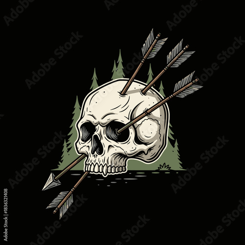 Skull pierced by arrows in a dark forest setting.