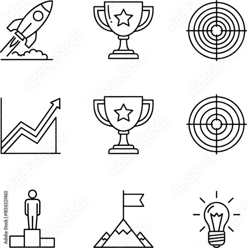 Set of vector icons representing business growth success and achievements including rocket trophy chart and light bulb