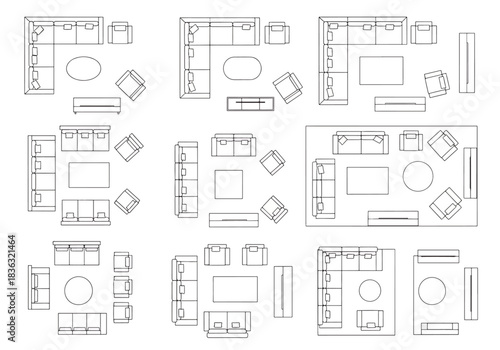 Set of various living room furniture arrangements top view including sofas sectional couches armchairs coffee tables and ottomans