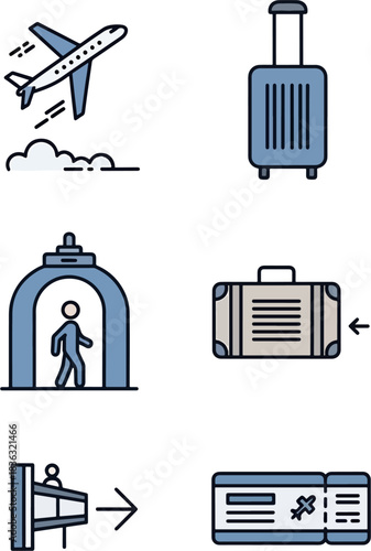 Set of travel and airport icons including airplane, luggage, security gate, boarding pass and traveler.