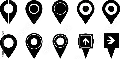 Set of ten black location pin icons including map marker variations and directional arrows for navigation on a white background