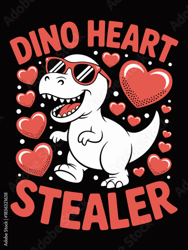 A cartoon dinosaur wears sunglasses and smiles   The text 'Dino Heart Stealer' is whimsically integrated.