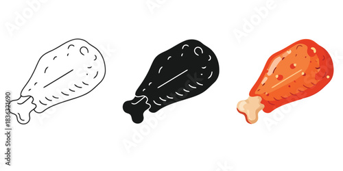 Set of three chicken drumstick icons in outline, solid black, and colored styles