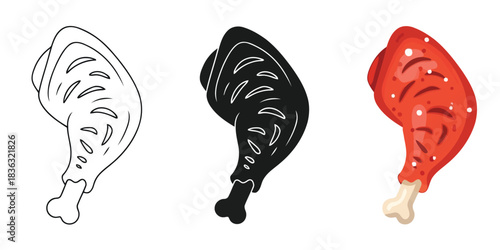 Set of three stylized chicken leg icons showing outline, silhouette, and colorful grilled meat