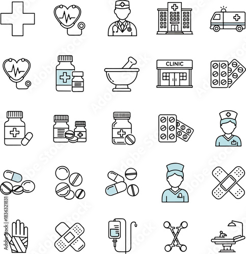 Set of Medical and Healthcare Icons Featuring Crosses, Stethoscopes, Pills, Bandages, Doctors, Clinics, and Ambulances