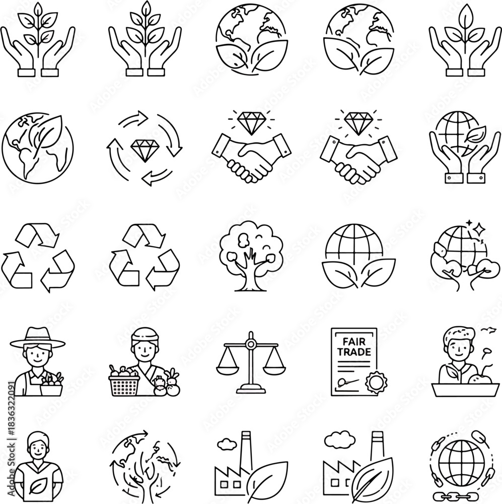Fototapeta premium Set of ecological icons, nature symbols, sustainable living and fair trade graphics, environmental protection elements