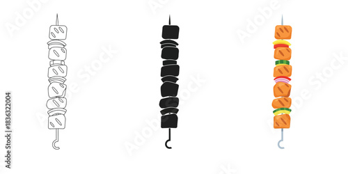 Set of three kebab skewer icons showing outline, silhouette, and colorful grilled meat and vegetable food illustration